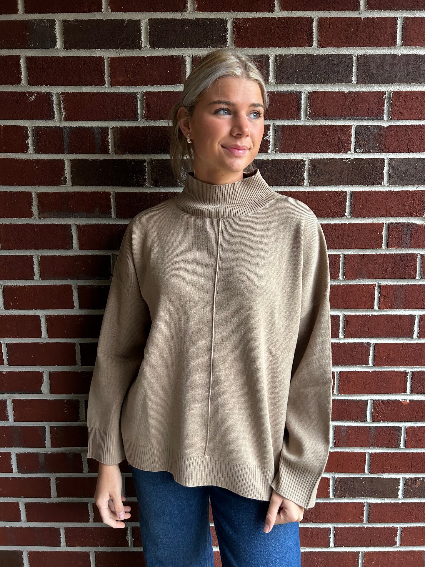 Mocha Mock Neck Front Seam Pullover Sweater