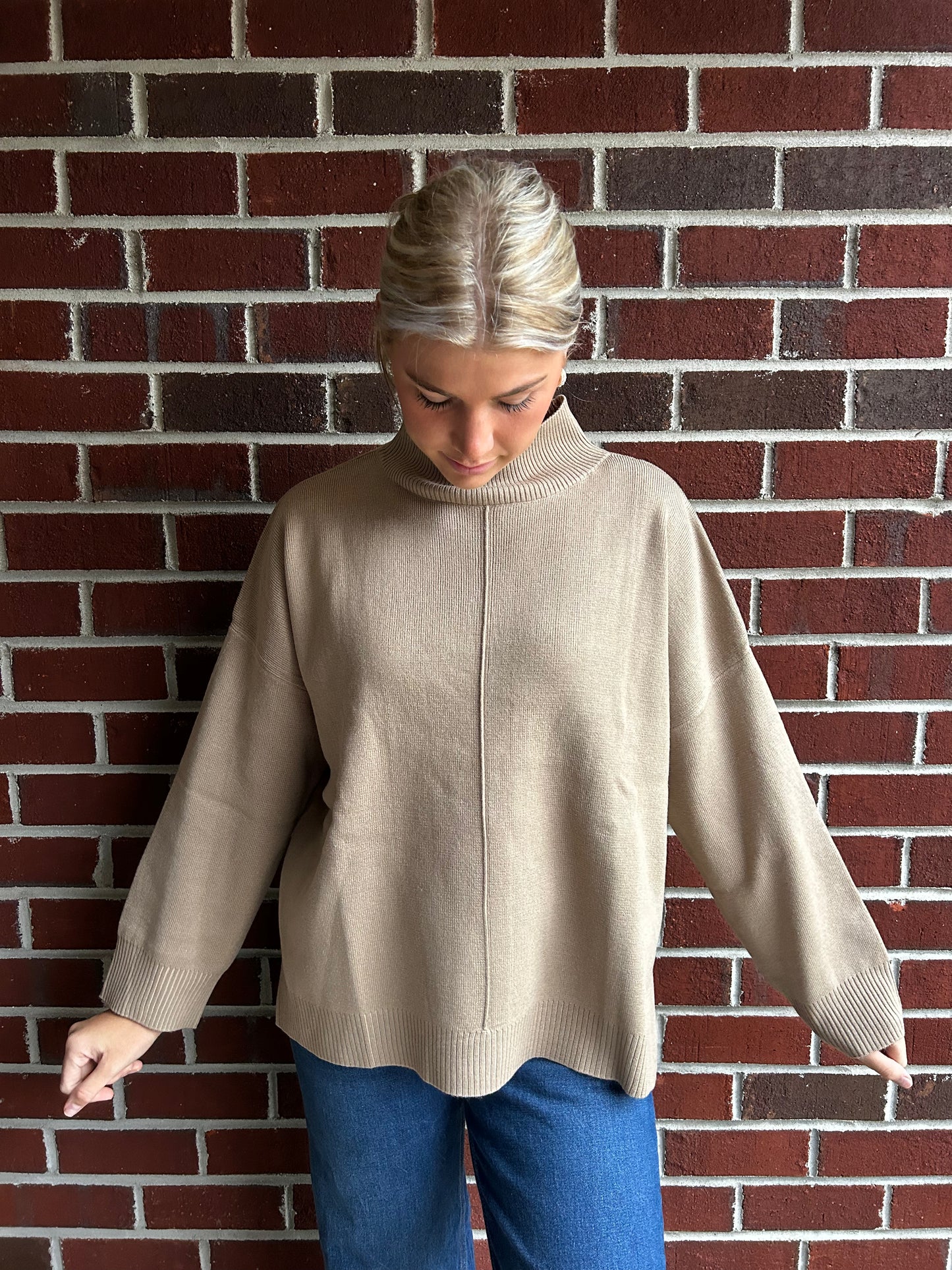 Mocha Mock Neck Front Seam Pullover Sweater