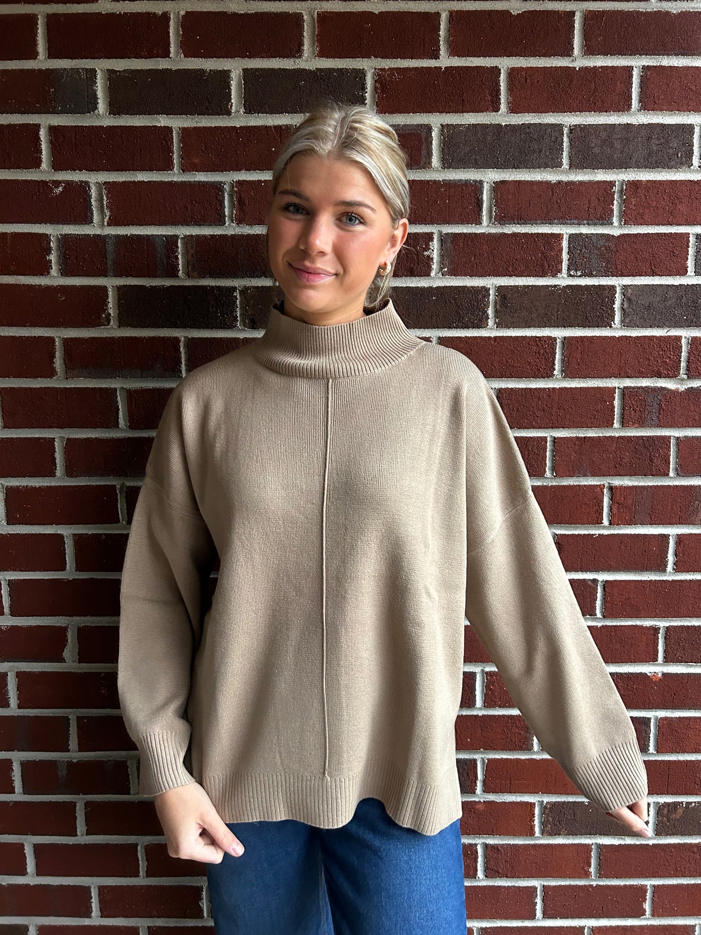 Mocha Mock Neck Front Seam Pullover Sweater