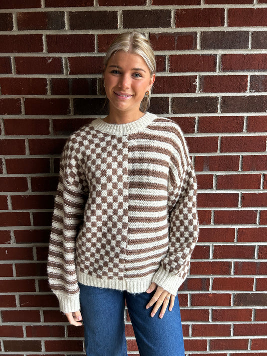 STRIPE AND CHECKERED CREWNECK KNIT SWEATER IN MOCHA