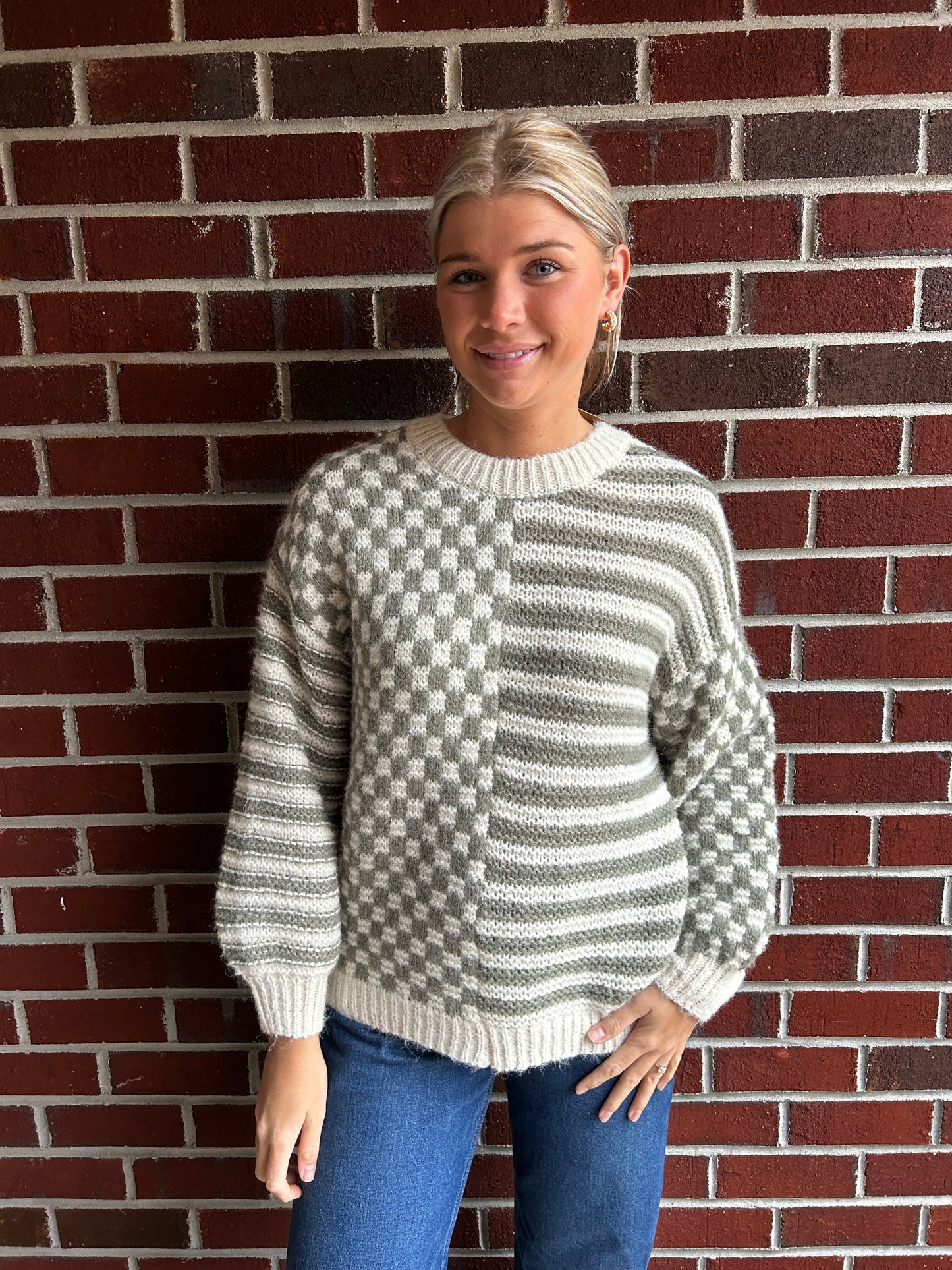 STRIPE AND CHECKERED CREWNECK KNIT SWEATER IN OLIVE