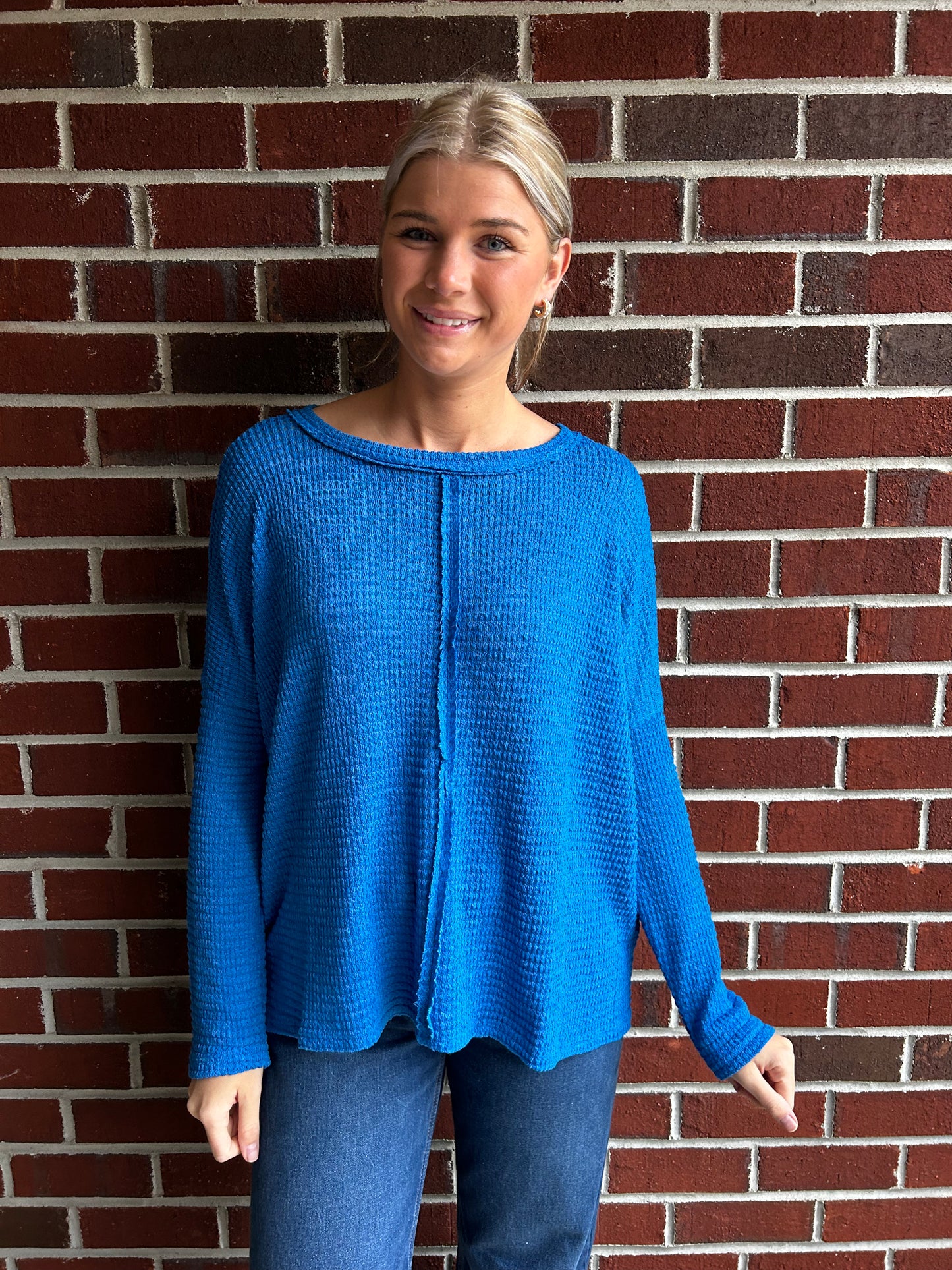 Long Sleeve Seamed Ocean Blue Sweater