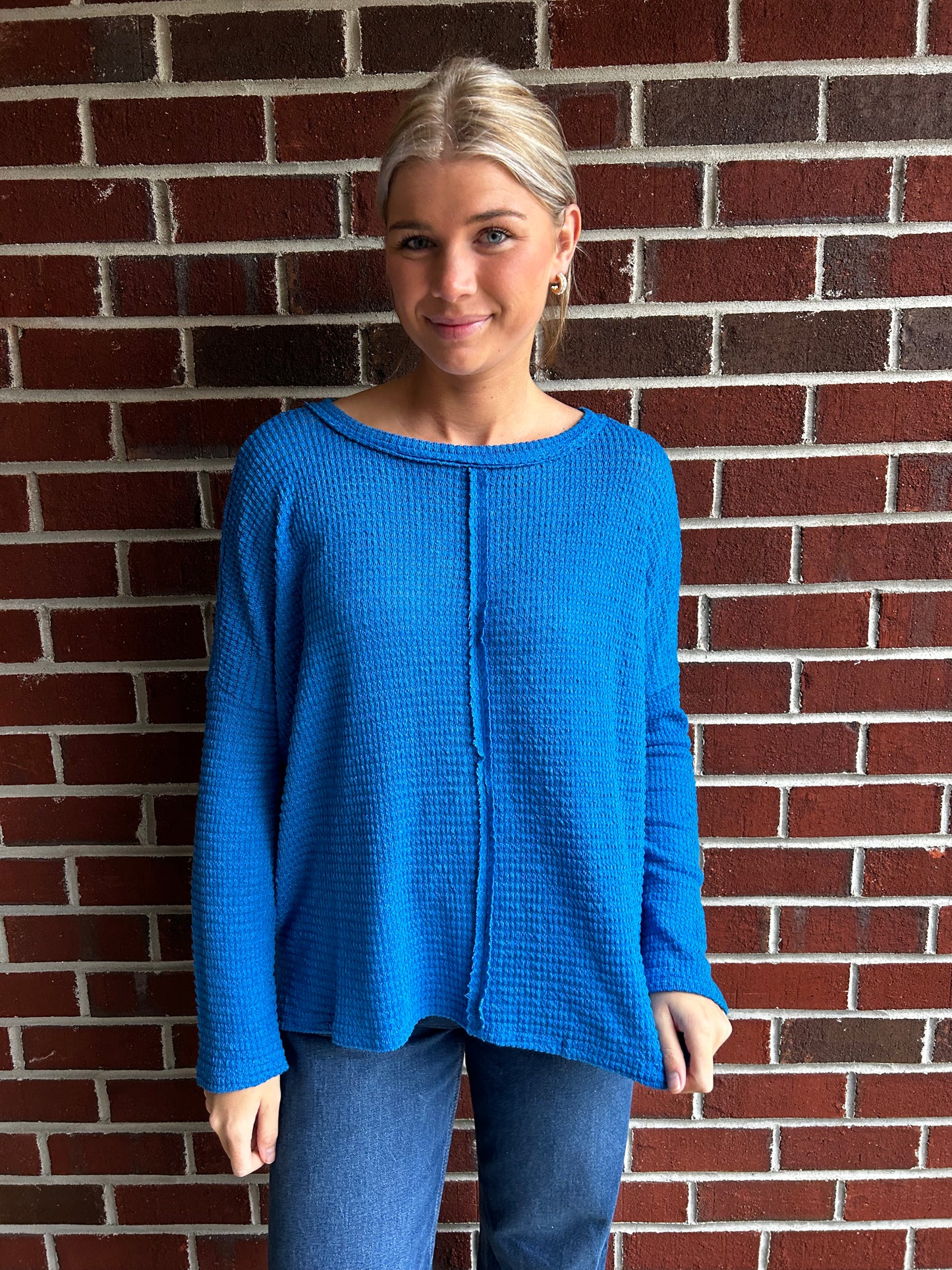 Long Sleeve Seamed Ocean Blue Sweater