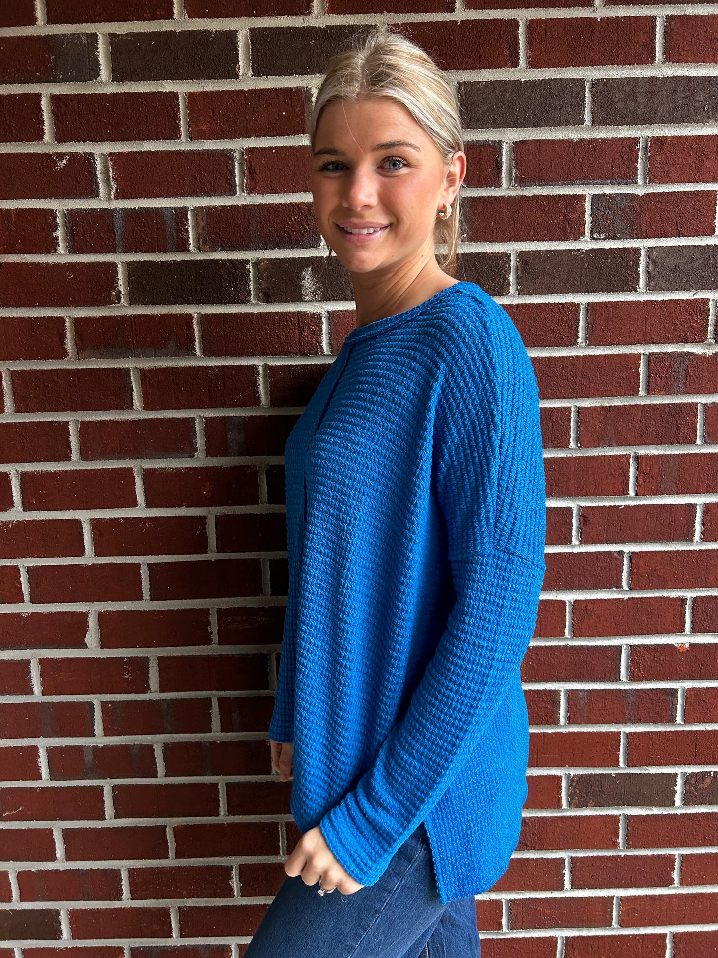 Long Sleeve Seamed Ocean Blue Sweater