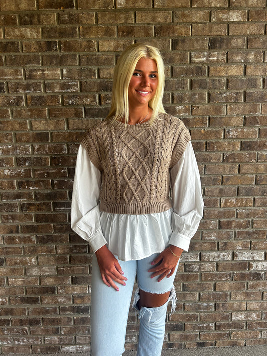 LAYERED ROUND NECK KNIT SWEATER VEST - TAUPE