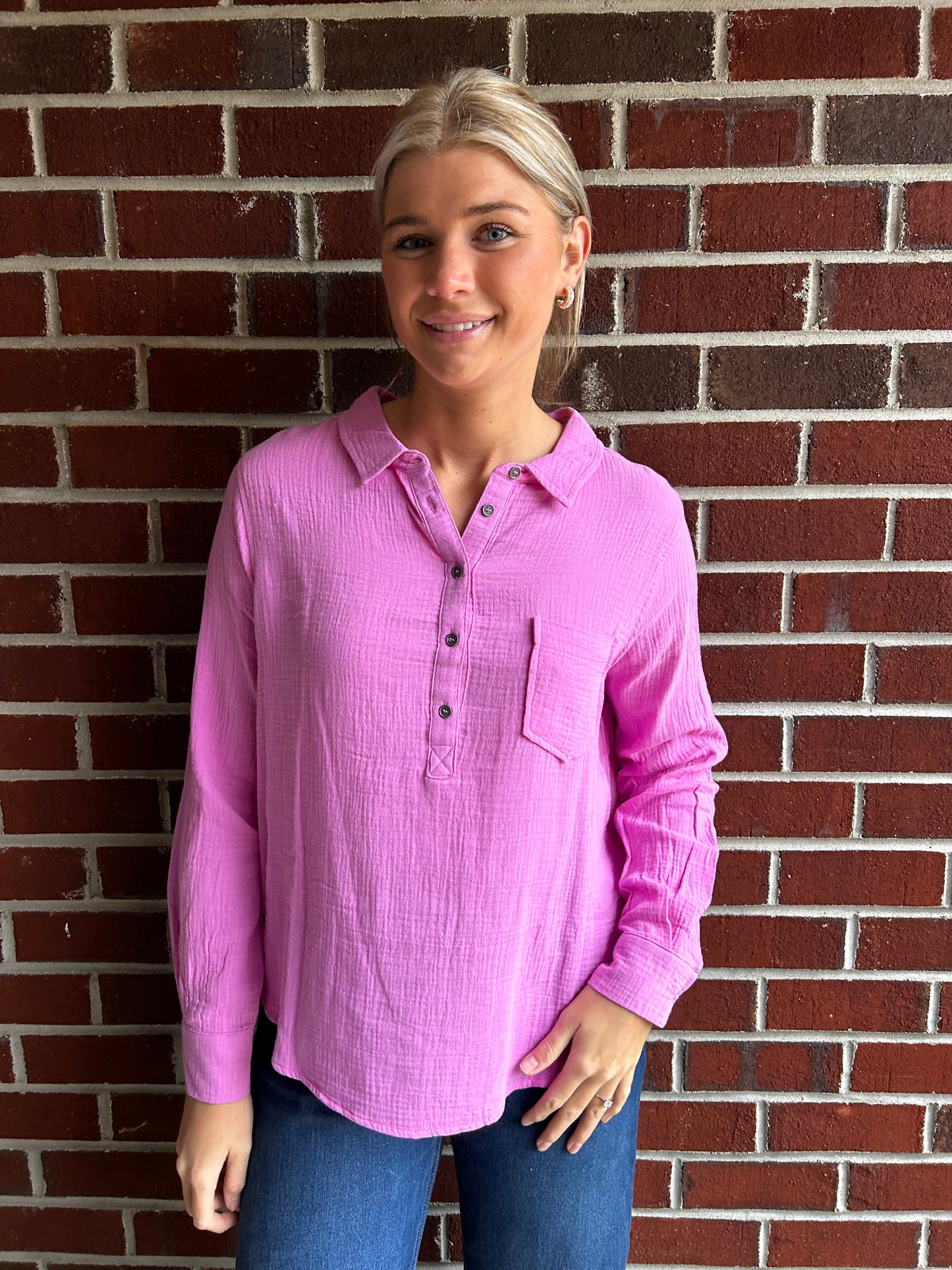 Long Sleeve Button Up Blouse in Pink