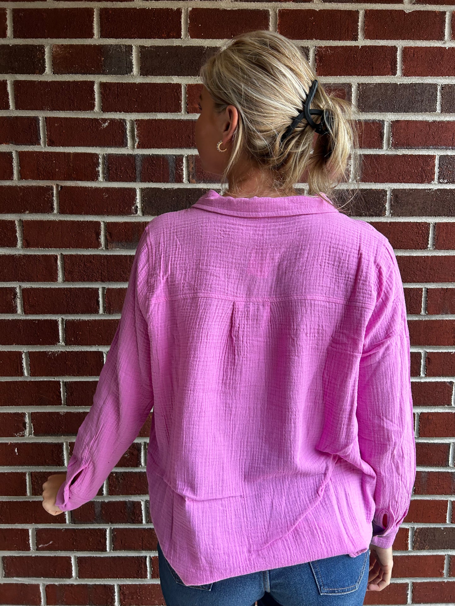 Long Sleeve Button Up Blouse in Pink