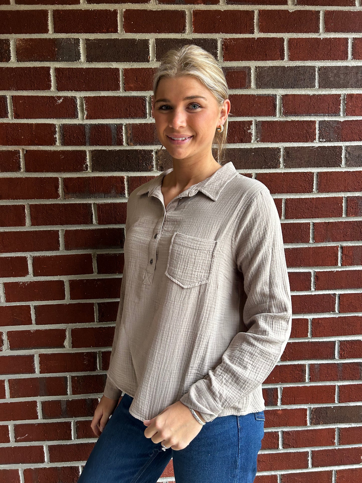 Long Sleeve Button Up Blouse in Mocha