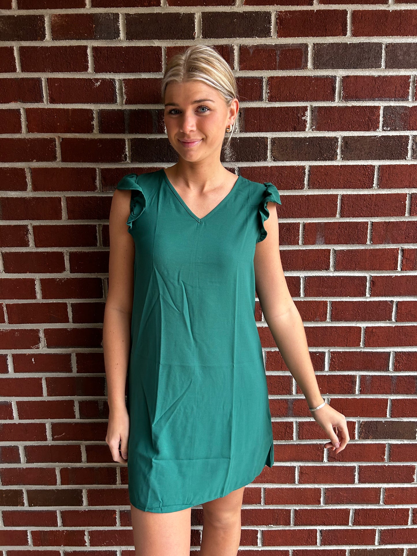 Green Ruffled V-Neck Flutter Sleeve Dress