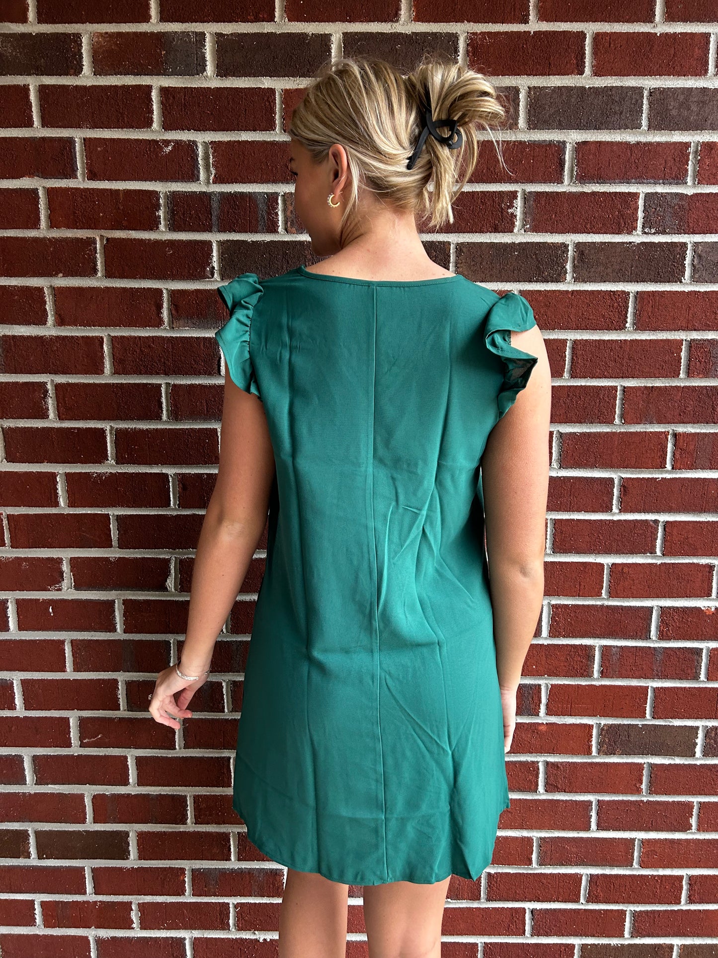 Green Ruffled V-Neck Flutter Sleeve Dress