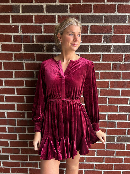 Velvet Split Collar Mini Dress in Burgundy