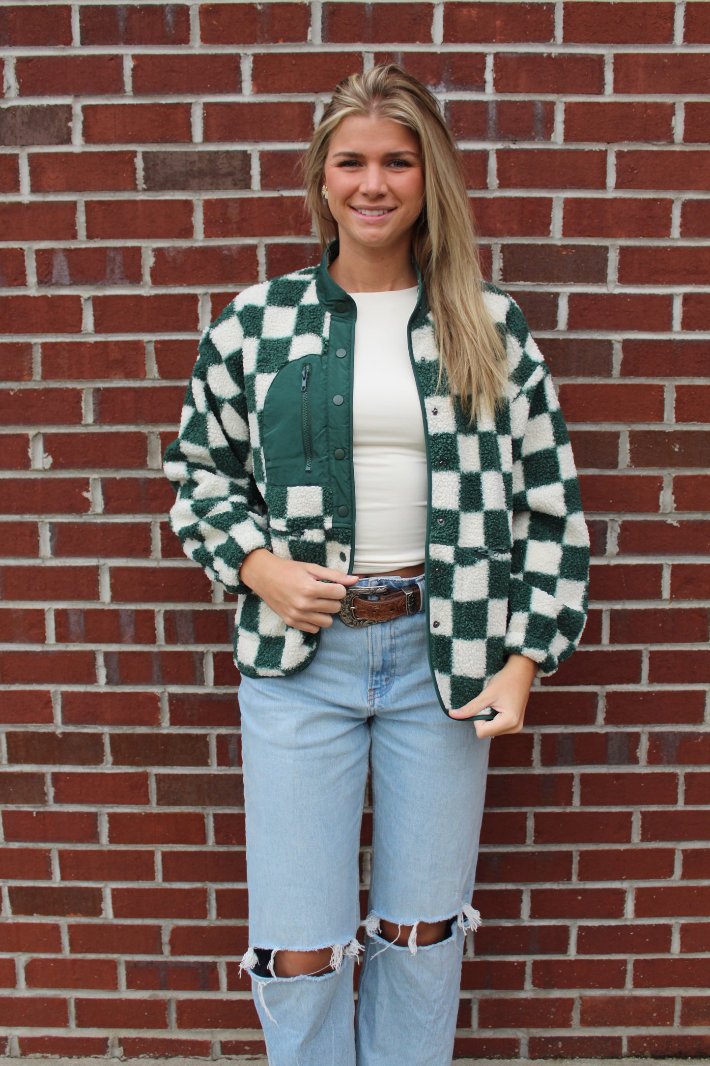 Solid Snap Button Fleece Jacket Green Checkered