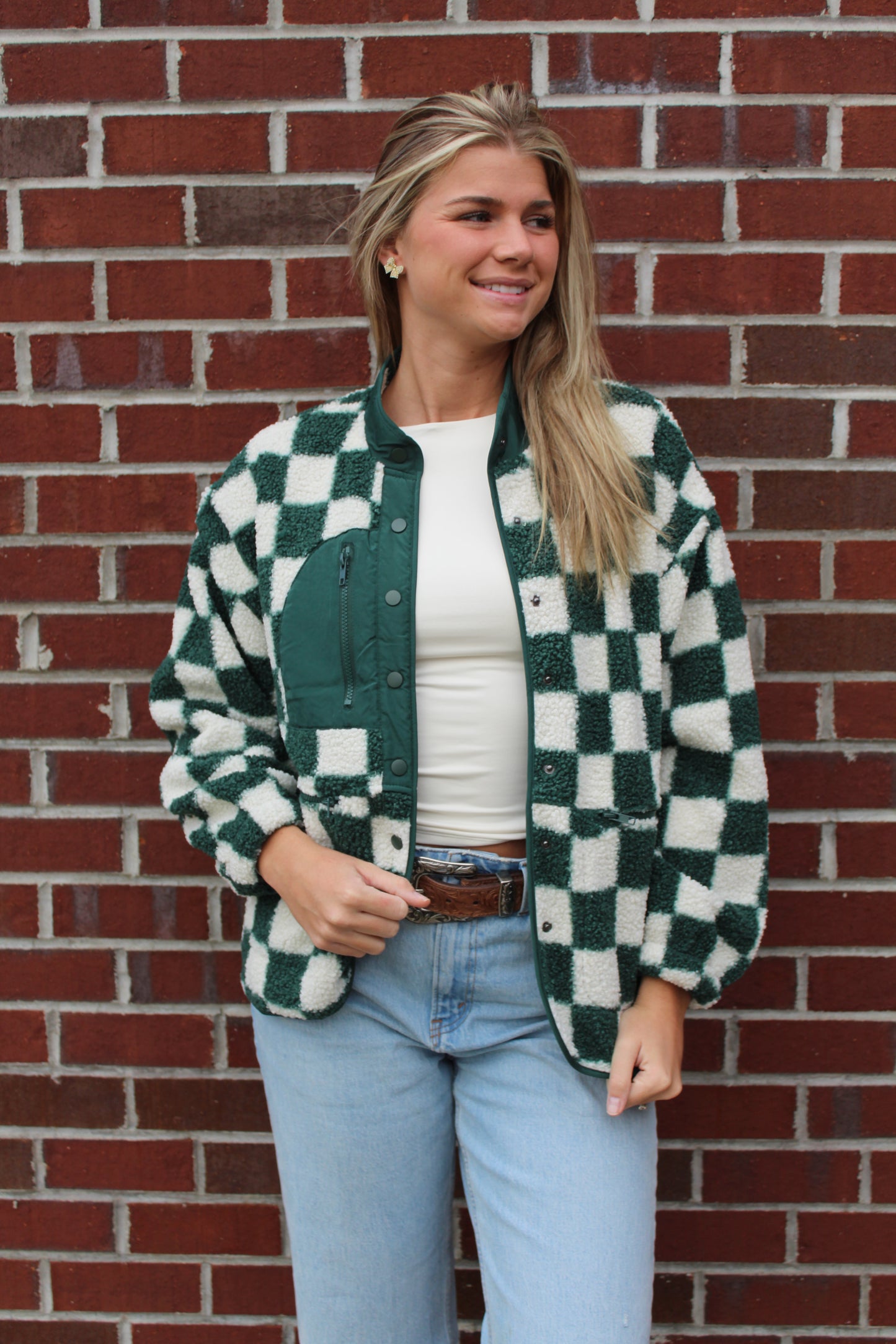 Solid Snap Button Fleece Jacket Green Checkered