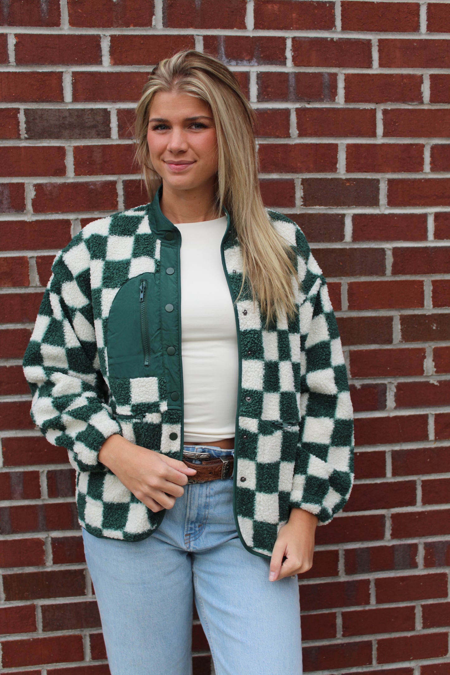 Solid Snap Button Fleece Jacket Green Checkered