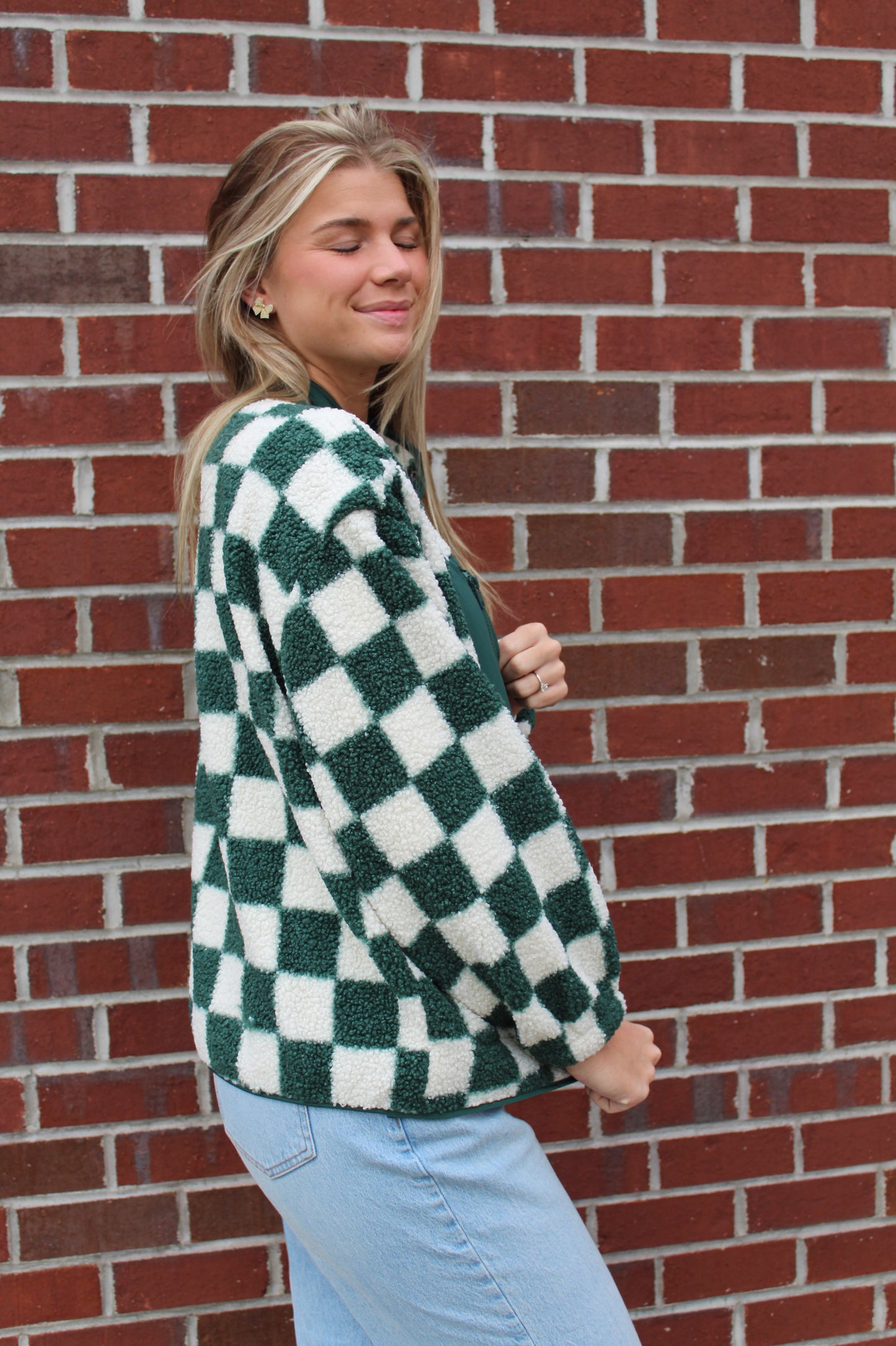 Solid Snap Button Fleece Jacket Green Checkered