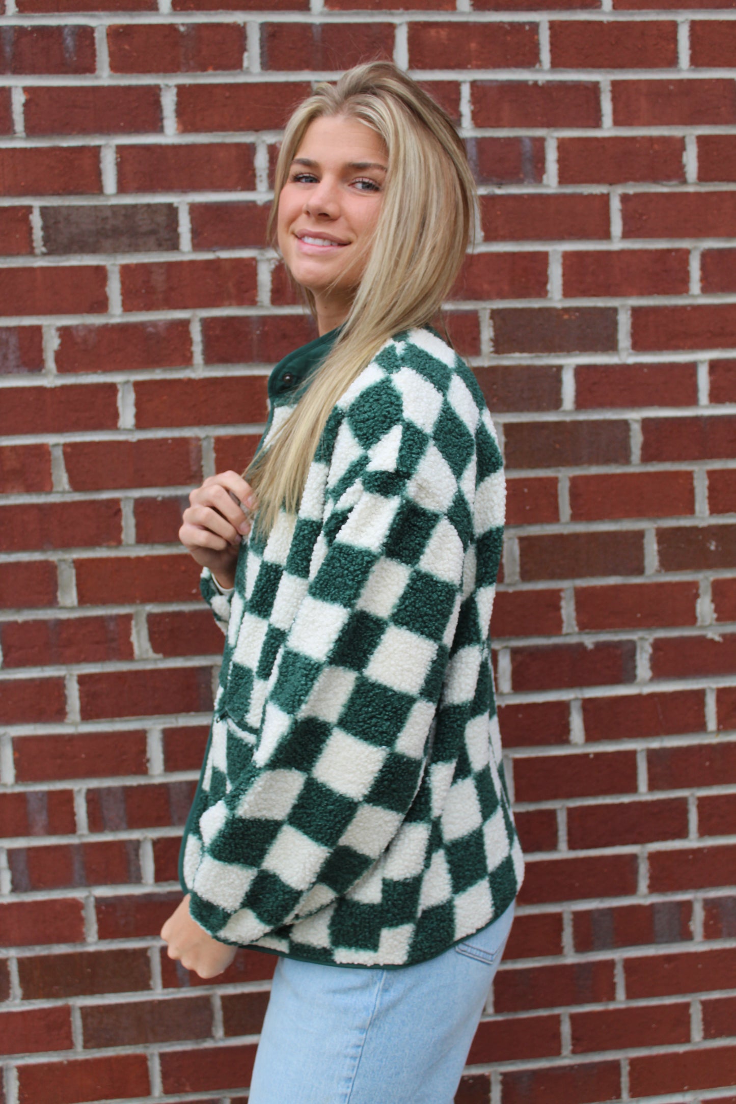 Solid Snap Button Fleece Jacket Green Checkered