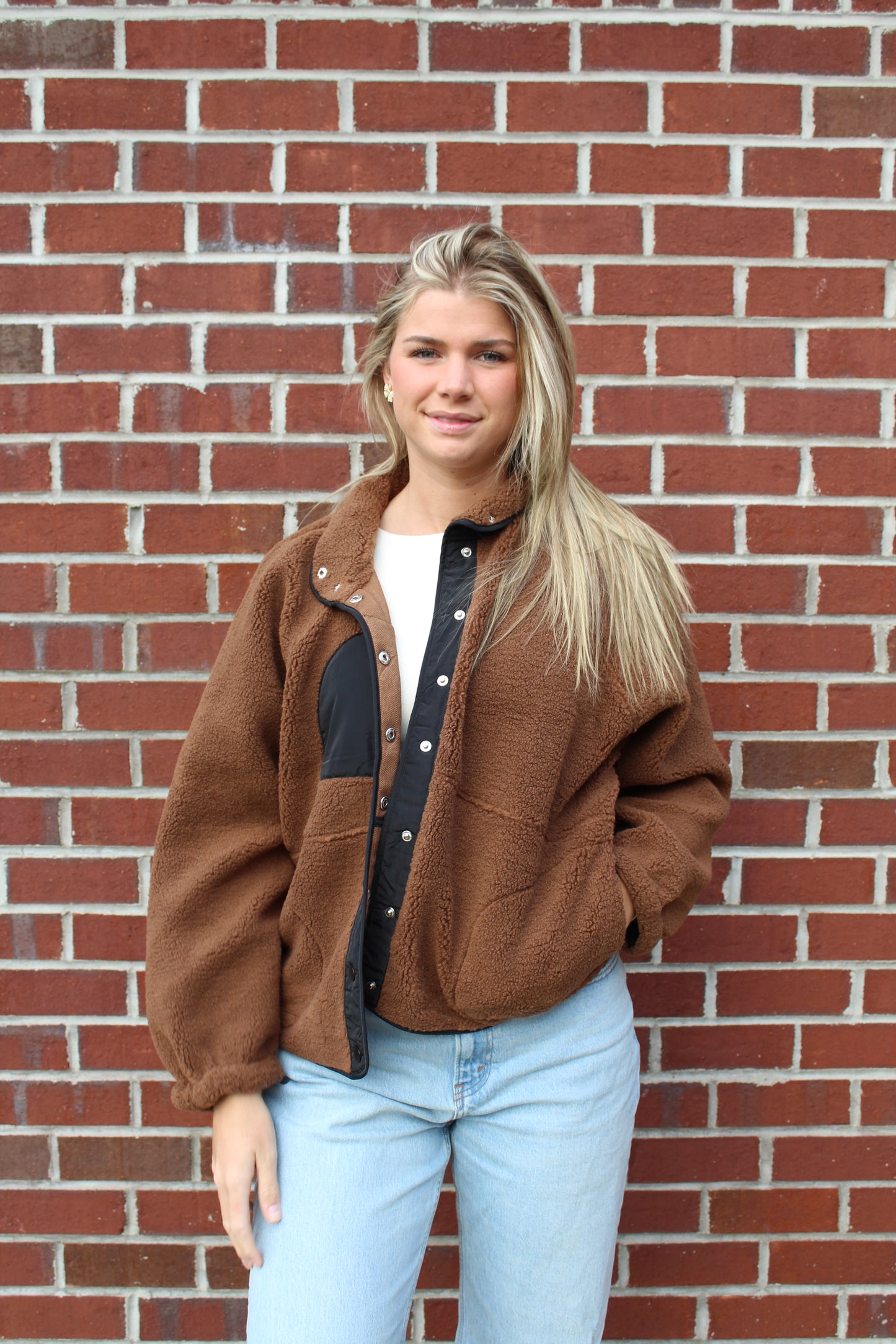 Solid Snap Button Fleece Jacket in Brown