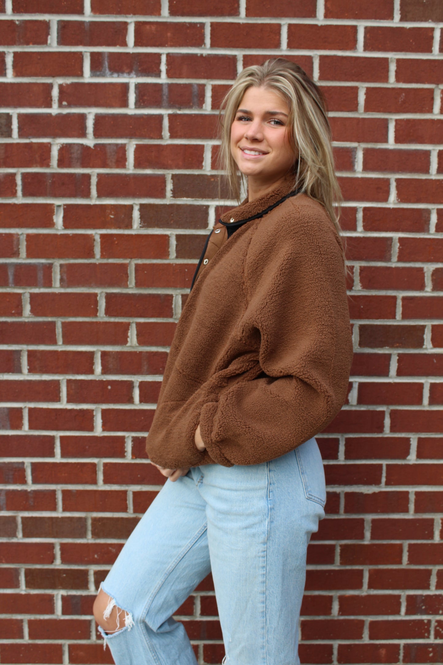 Solid Snap Button Fleece Jacket in Brown