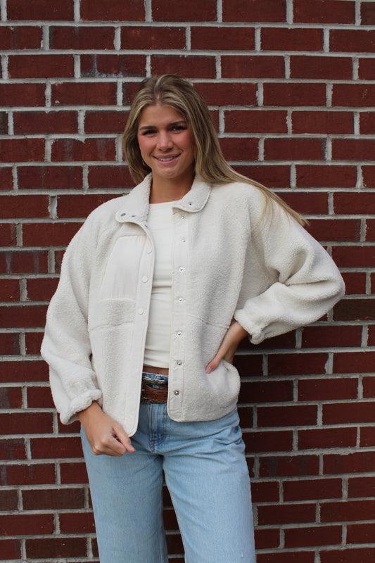 Solid Snap Button Fleece Jacket in Ivory