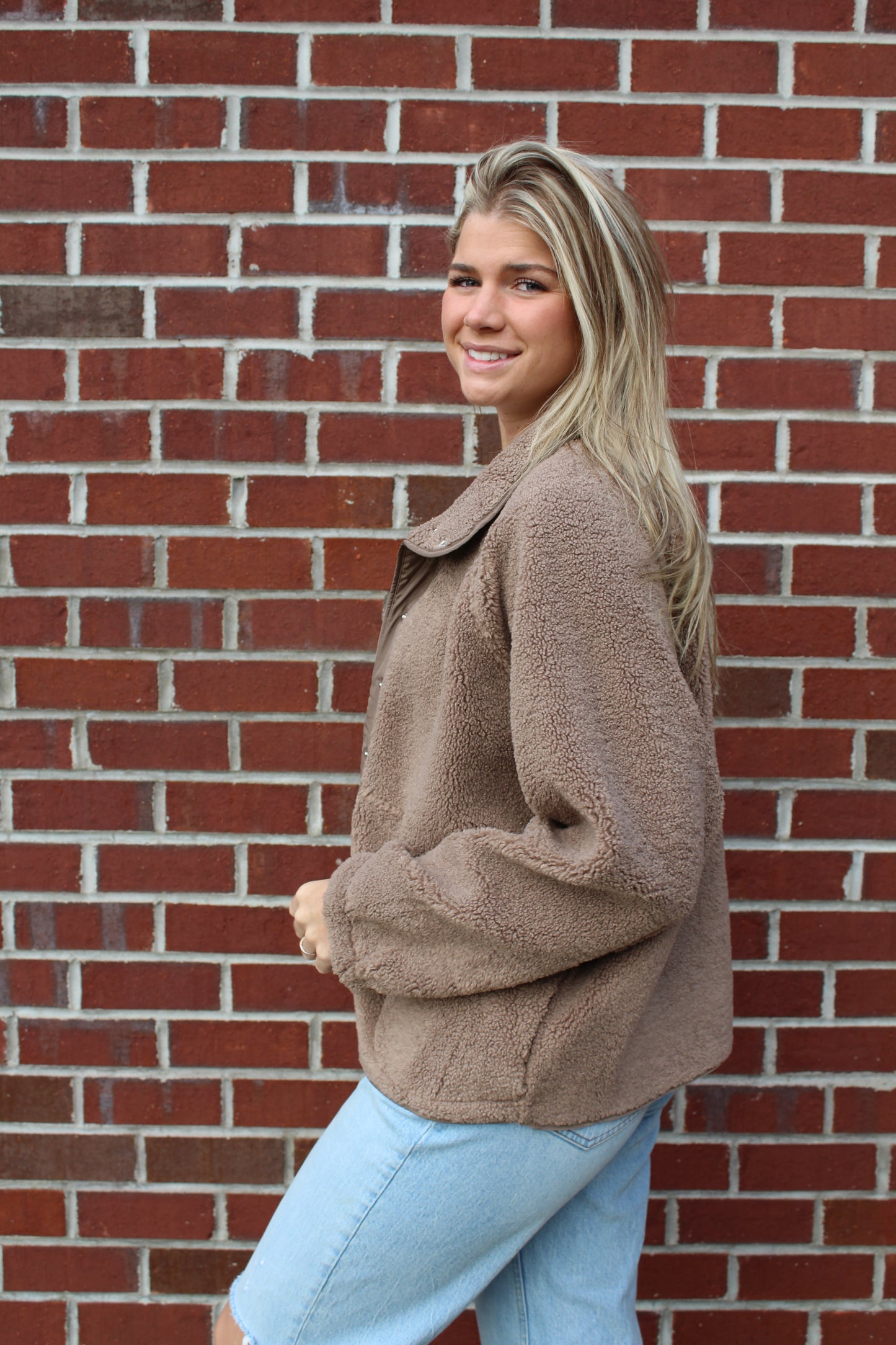 Solid Snap Button Fleece Jacket in Mocha