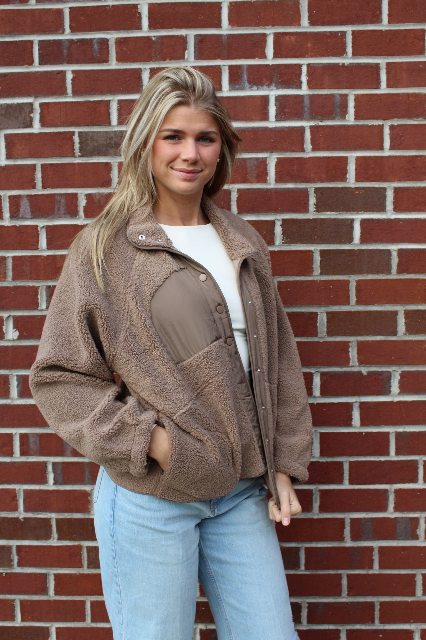 Solid Snap Button Fleece Jacket in Mocha