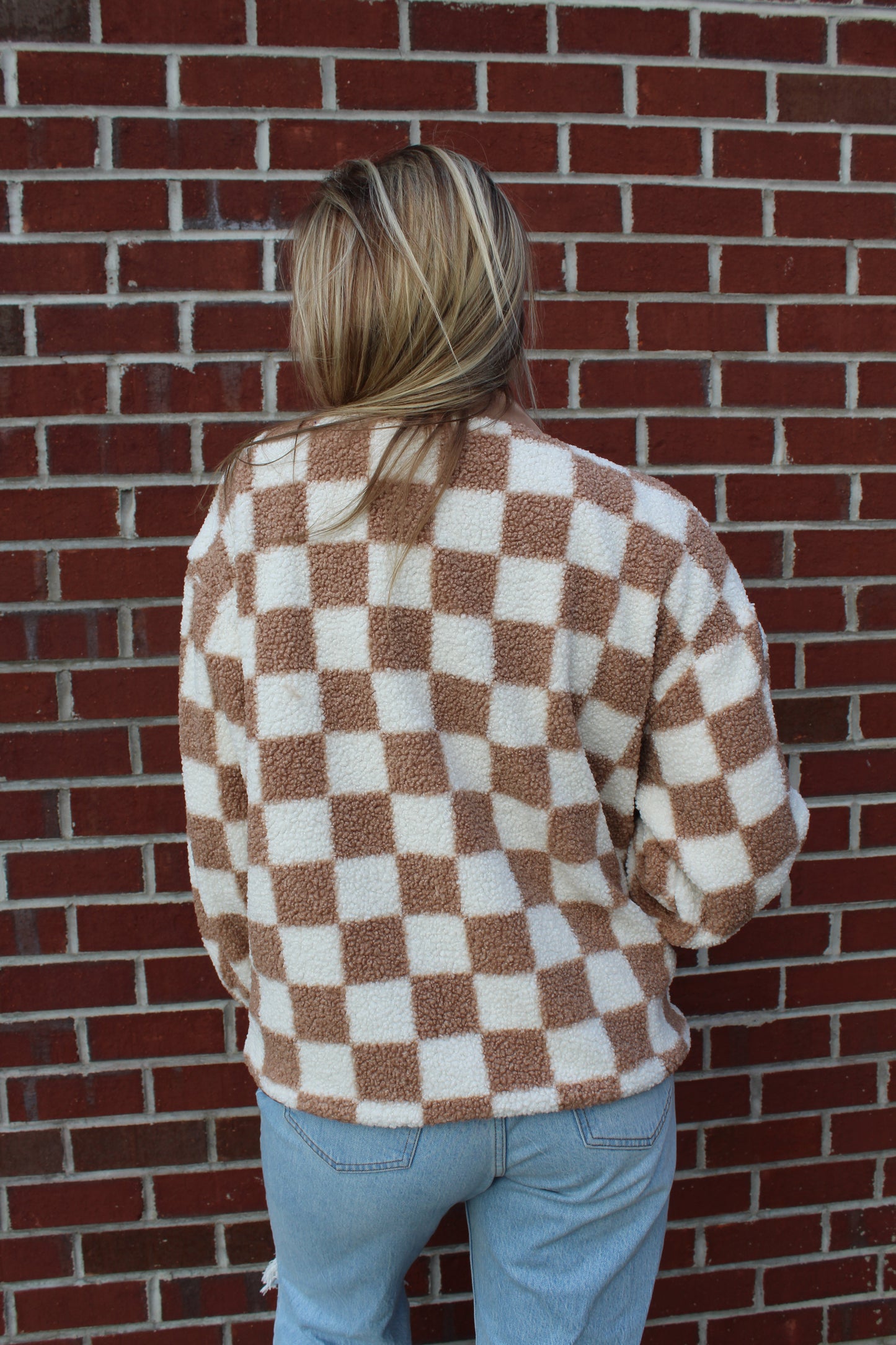 Solid Snap Button Fleece Jacket Khaki Checkered