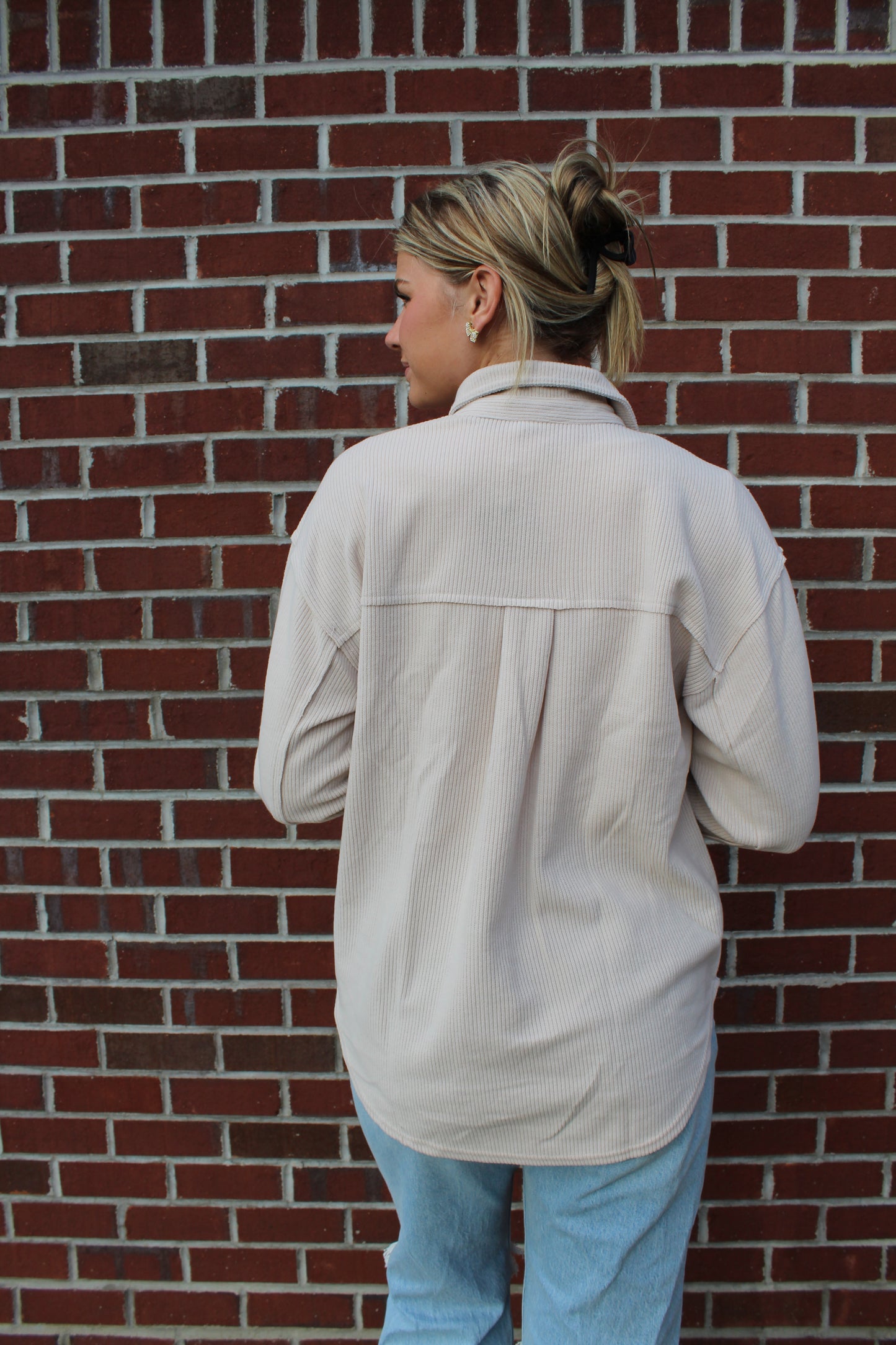 Rib Knit Exposed Seam Shacket in Oatmeal