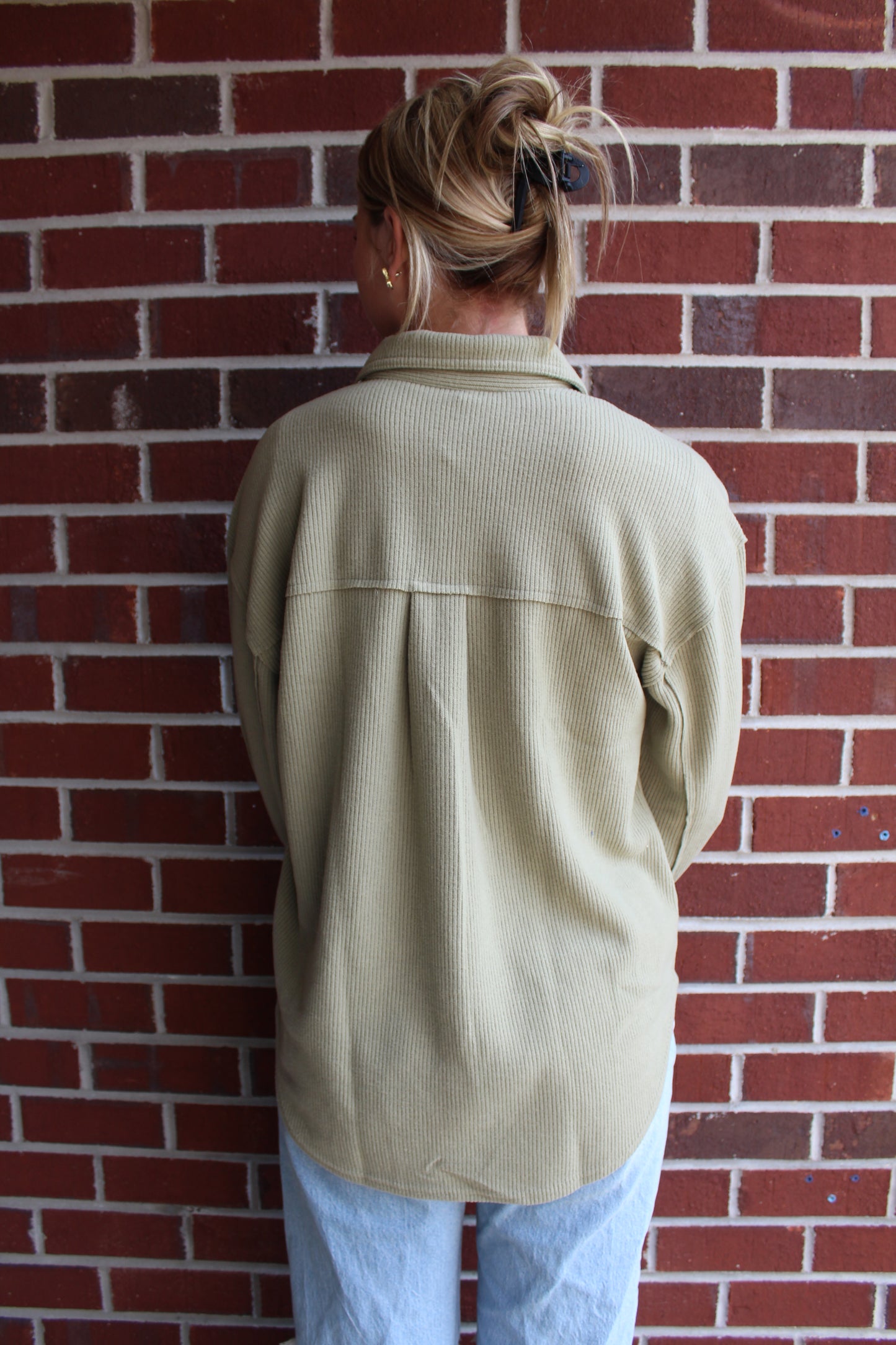 Rib Knit Exposed Seam Shacket in Light Olive