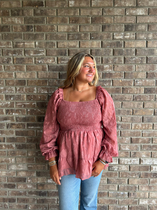 Smocked Square Neck Flounce Sleeve Blouse in Pink