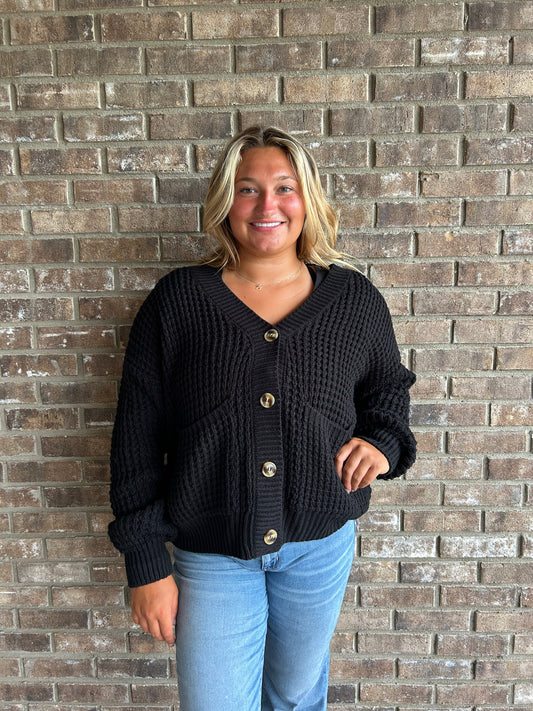 Plus Size - WAFFLE CARDIGAN SWEATER WITH POCKETS IN BLACK