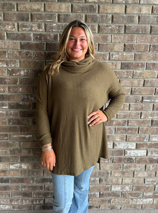 Waffle Cow Neck Sweater in Olive