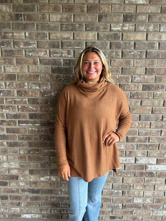 Waffle Cow Neck Sweater in Camel