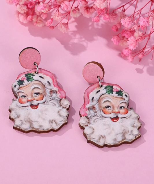 Wooden Pink Santa Earrings