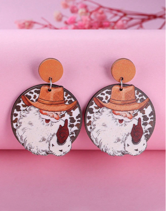 Wooden Cowboy Santa Earrings