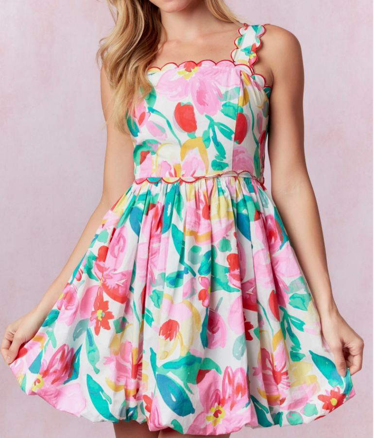 Scallop Embroidery Cotton Poplin Sleeveless Bubble Hem Mini Dress