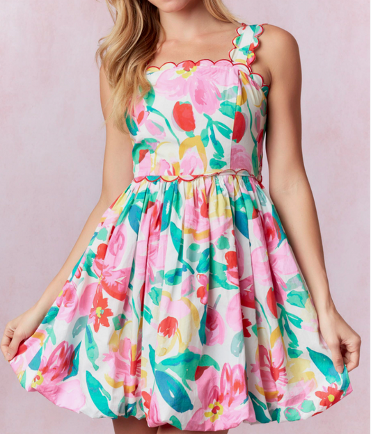 Scallop Embroidery Cotton Poplin Sleeveless Bubble Hem Mini Dress