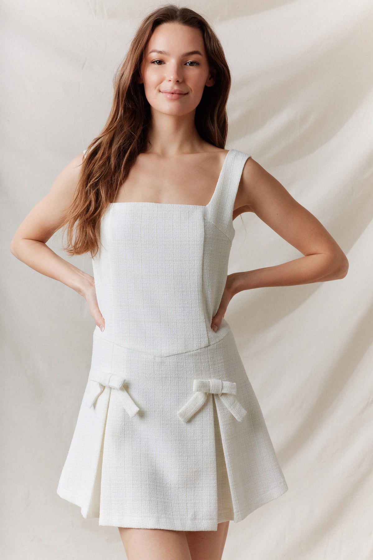 Square Neck Bow Detail Pleated Tweed Mini Dress
