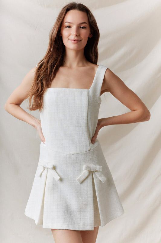 Square Neck Bow Detail Pleated Tweed Mini Dress