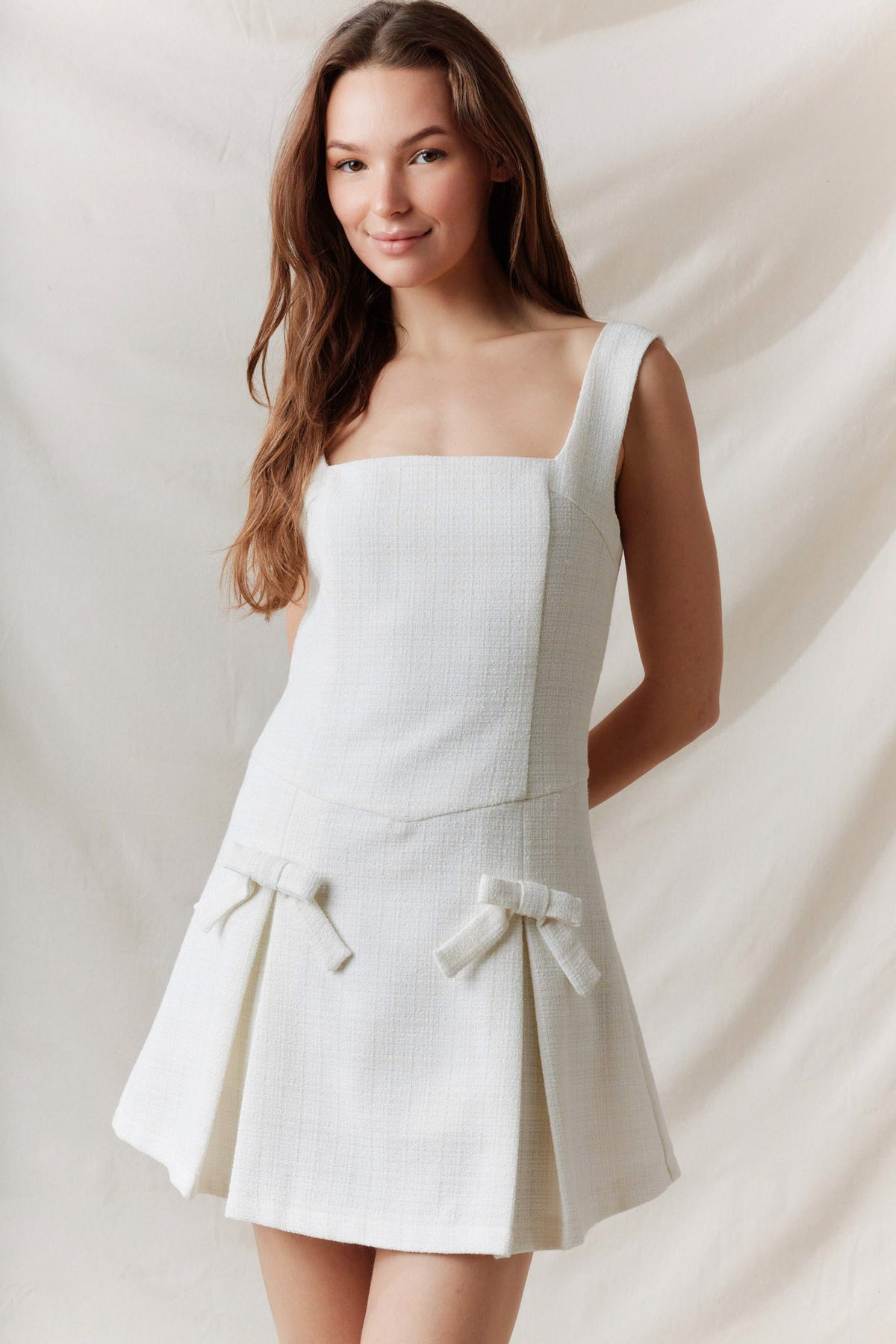 Square Neck Bow Detail Pleated Tweed Mini Dress