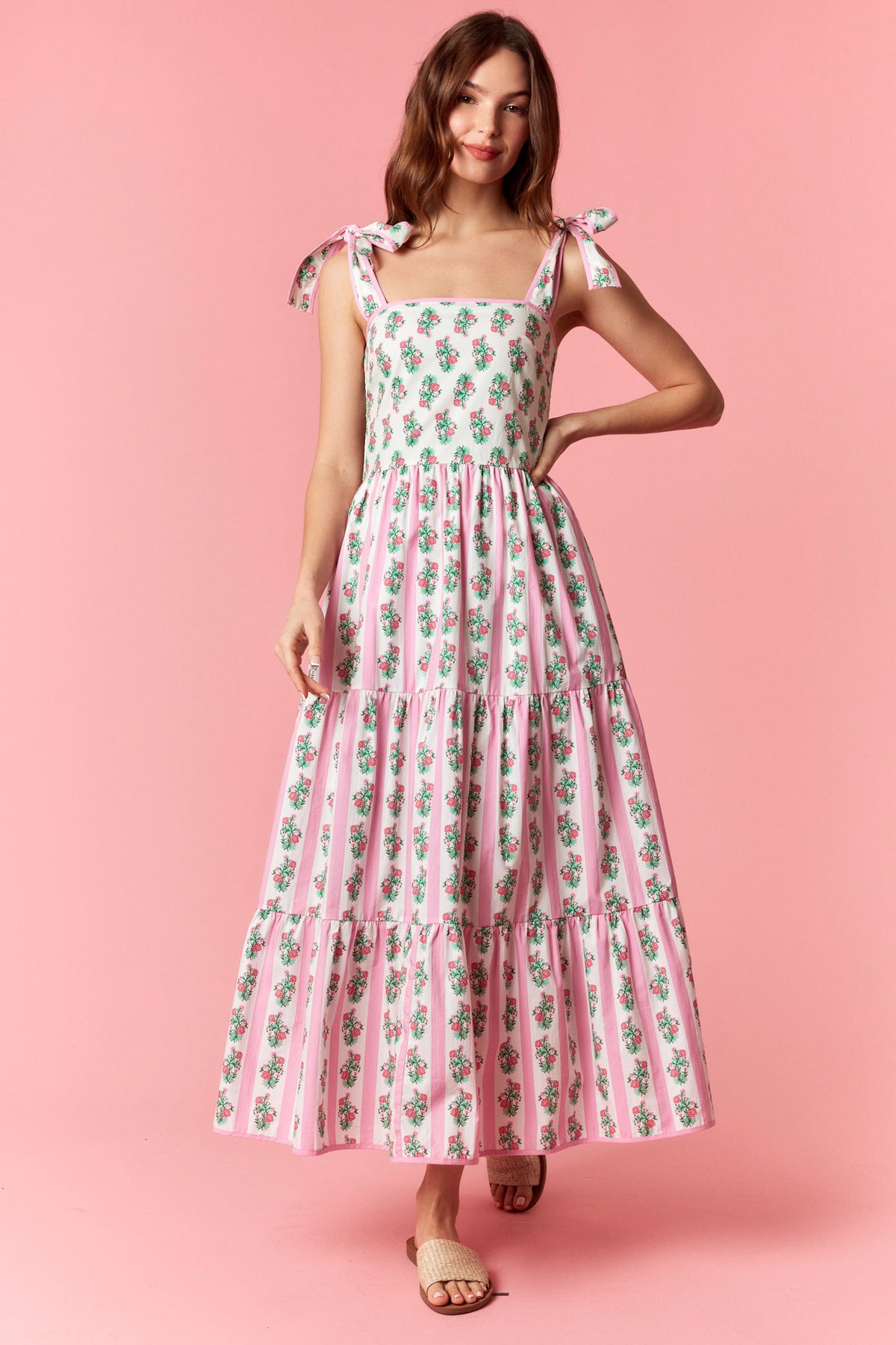 Floral Stripe Mix Print Sleeveless Tiered Midi Dress