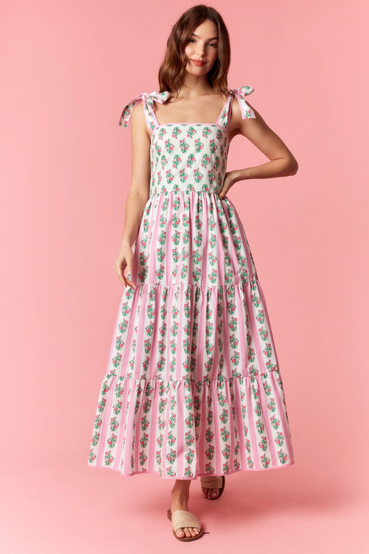 Floral Stripe Mix Print Sleeveless Tiered Midi Dress