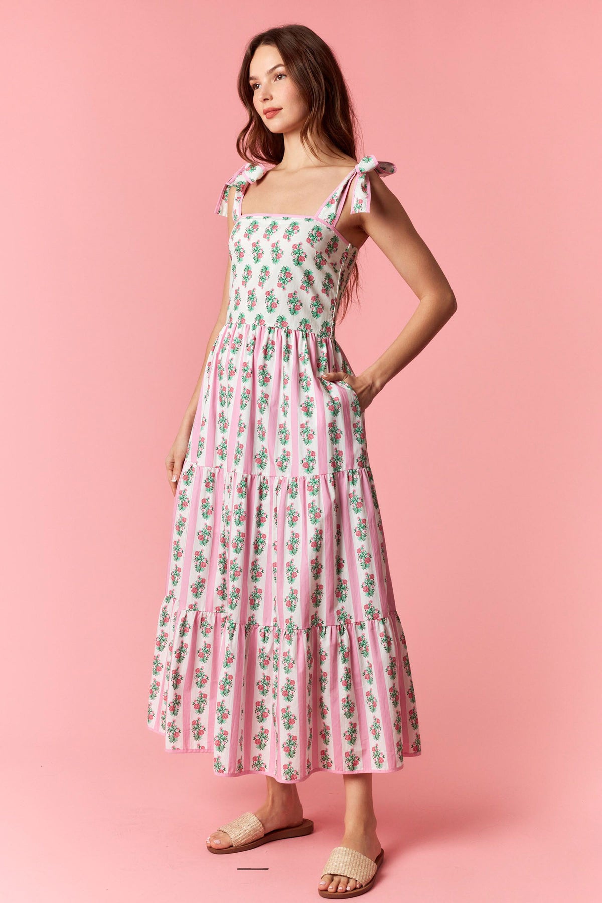 Floral Stripe Mix Print Sleeveless Tiered Midi Dress