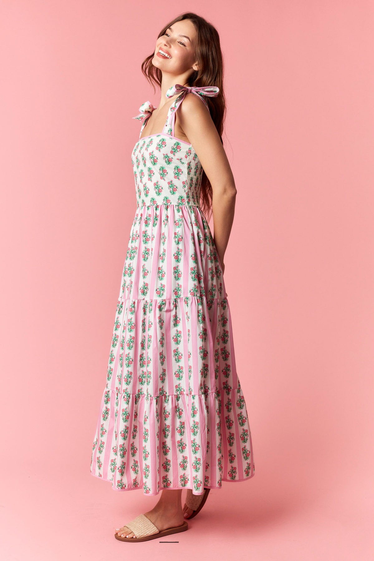 Floral Stripe Mix Print Sleeveless Tiered Midi Dress