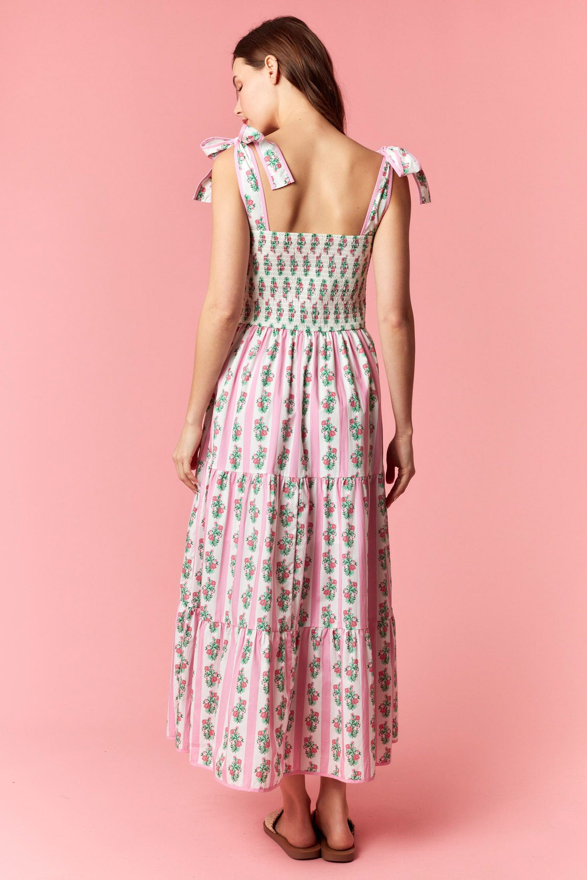 Floral Stripe Mix Print Sleeveless Tiered Midi Dress