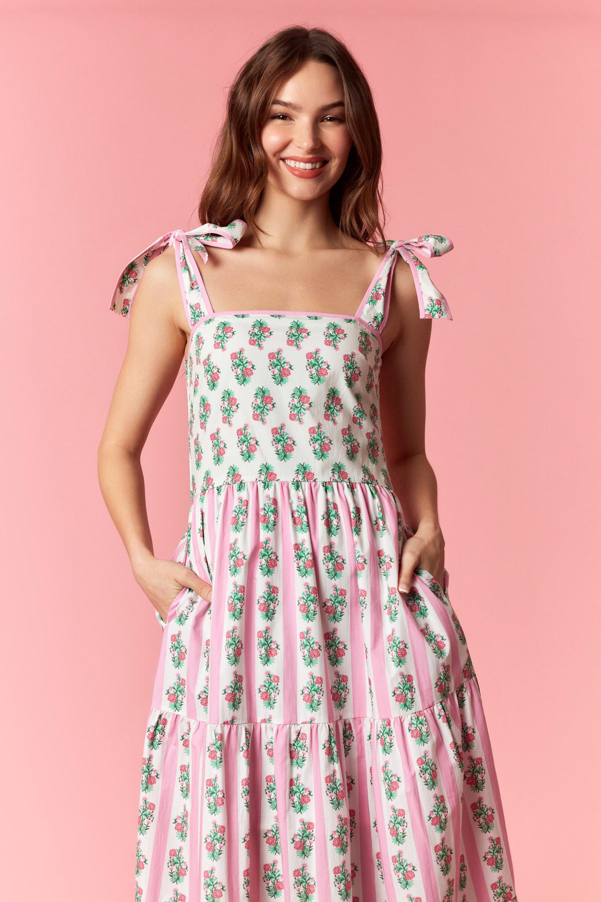 Floral Stripe Mix Print Sleeveless Tiered Midi Dress