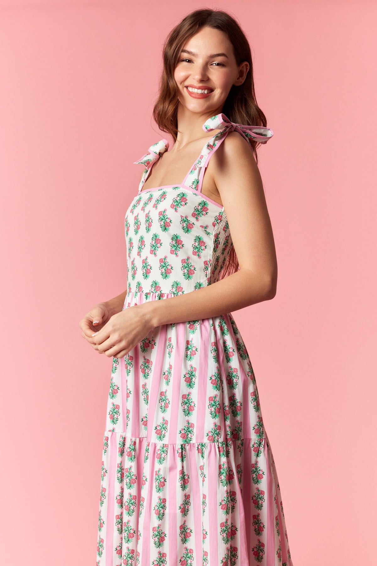 Floral Stripe Mix Print Sleeveless Tiered Midi Dress