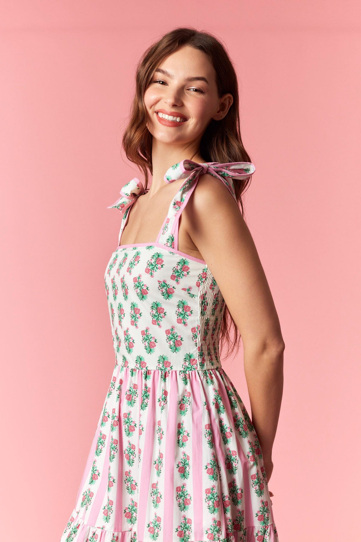 Floral Stripe Mix Print Sleeveless Tiered Midi Dress