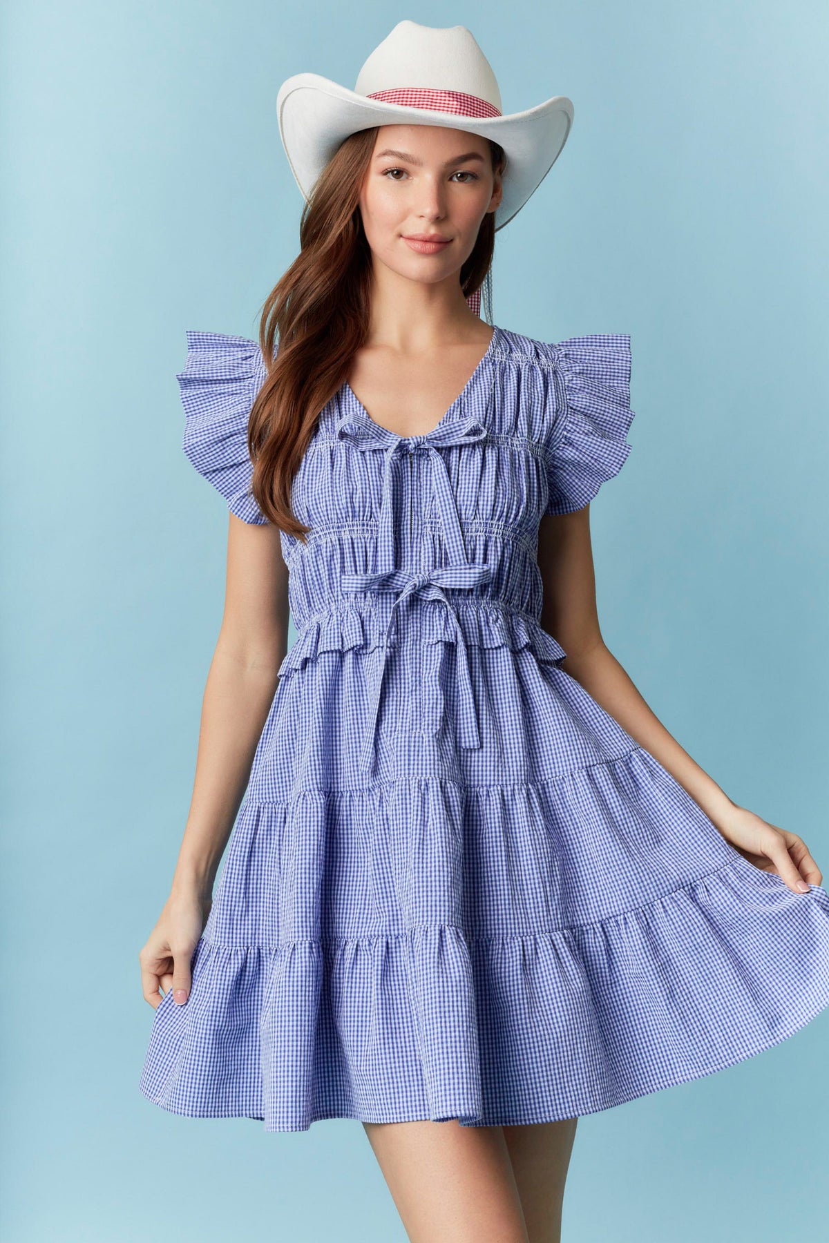 Gingham Ruffle with Lace Trim Detail Mini Dress