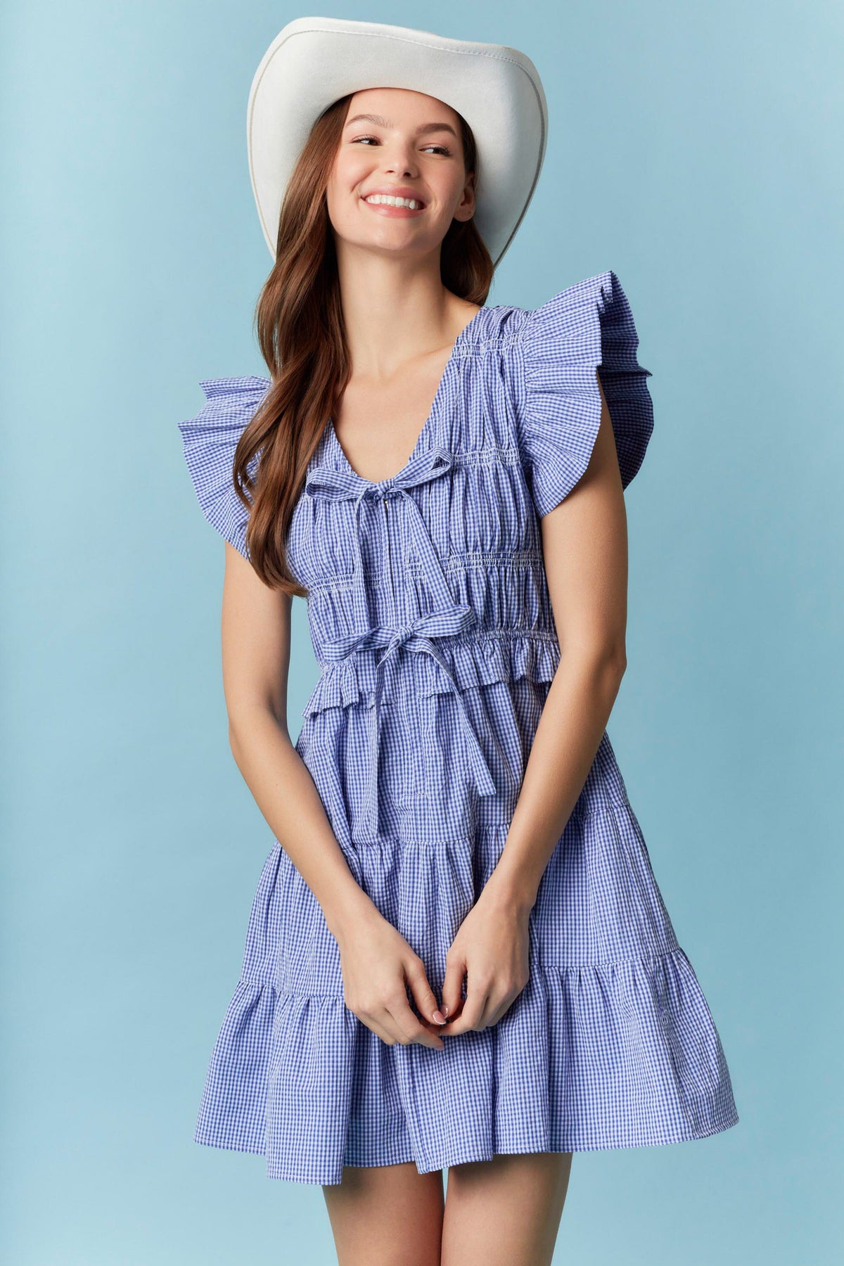 Gingham Ruffle with Lace Trim Detail Mini Dress