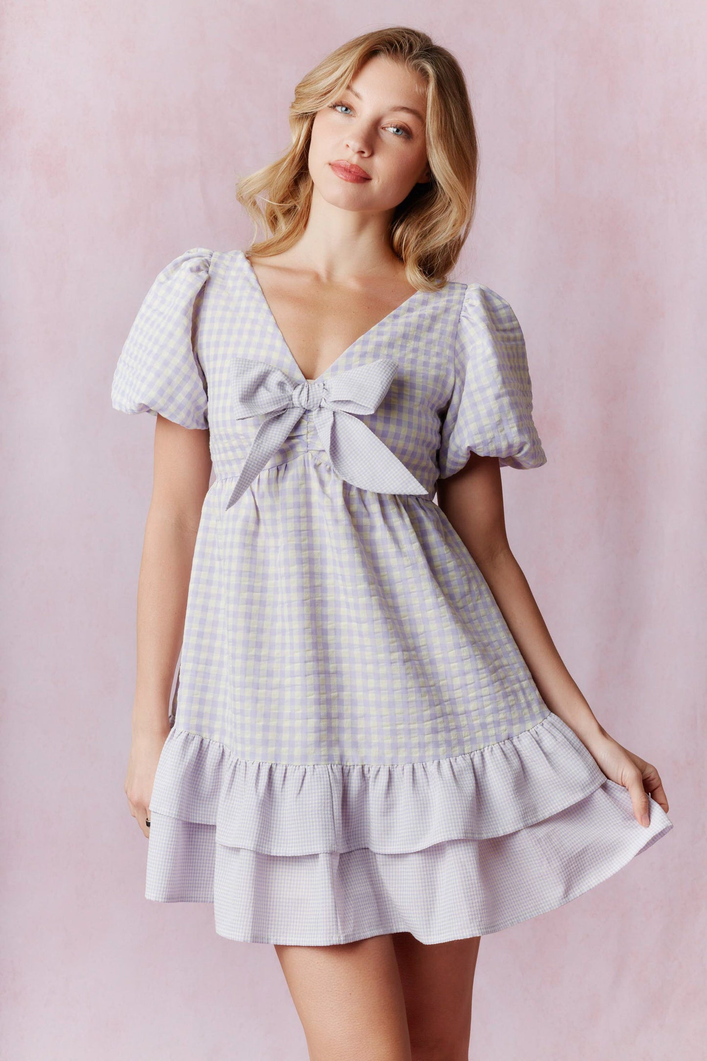Seersucker Gingham Print Balloon Sleeve Ruffled Mini Dress
